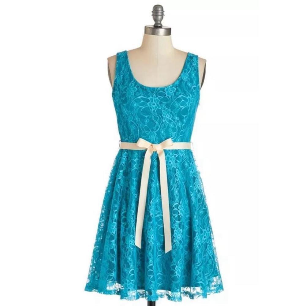Teal Blue Lace A-Line Party Dress with Ivory Sash by Yellow Star from Modcloth